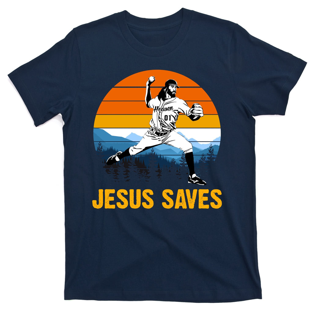 Jesus Saves Retro Baseball Pitcher T-Shirt product image 1