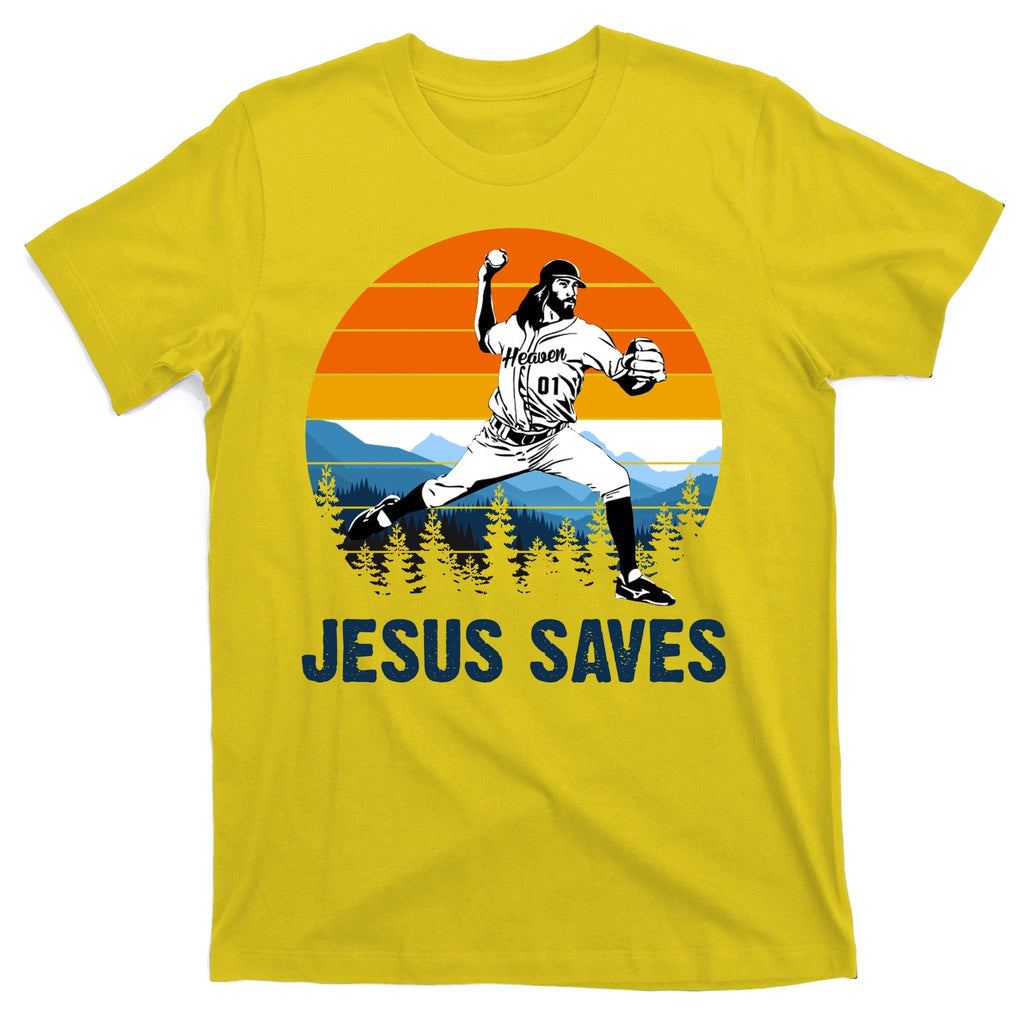 Jesus Saves Retro Baseball Pitcher T-Shirt product image 3